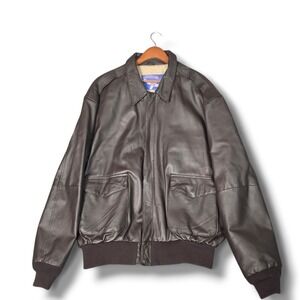 Vintage Airborne Brown Leather Bomber Flight Jacket Mens XLT American Flag Lined
